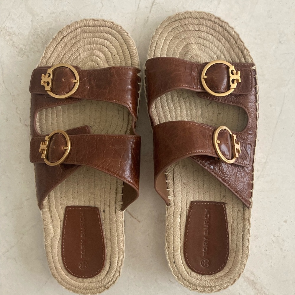 Tory Burch Brown Leather Sandals with Gold Buckles and rope soles